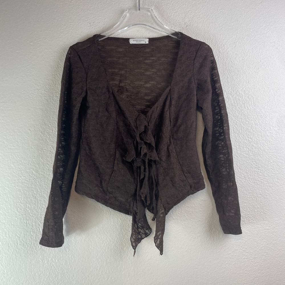 Good Days Project Brown Lace Tie Front Ruffle Boho Fairy Grunge Cardigan Top M